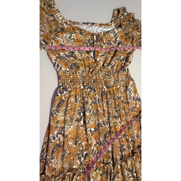 Baltic Born Floral Tiered Maxi Dress Gold Brown Smocked Puff Sleeve Size M NWT - Picture 7 of 9